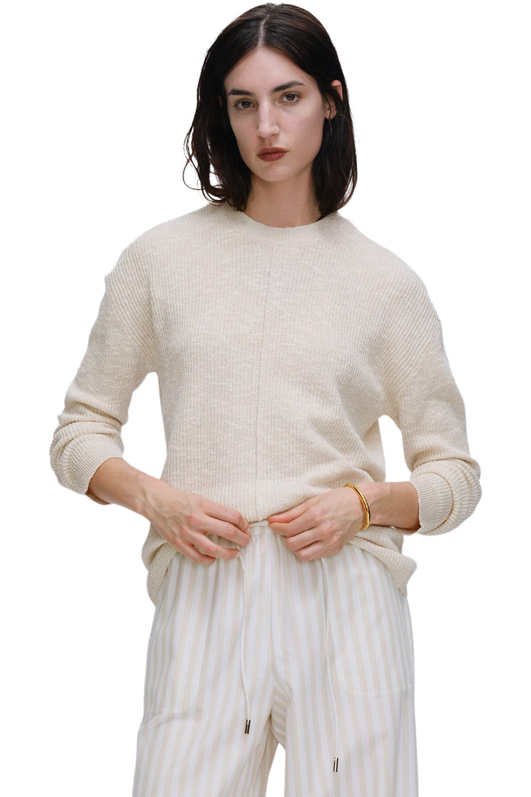 ATM Cotton Blend Pintuck Detail Crew Neck Sweater in Chalk