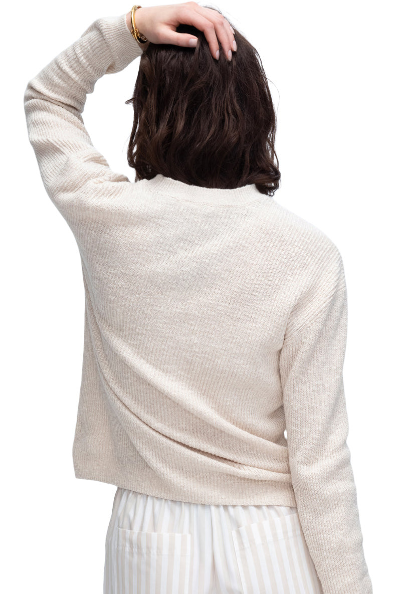 ATM Cotton Blend Pintuck Detail Crew Neck Sweater in Chalk