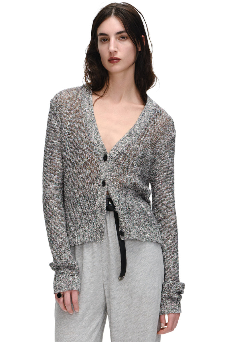 ATM Cotton Blend Rib Detail Cardigan in Black Marl