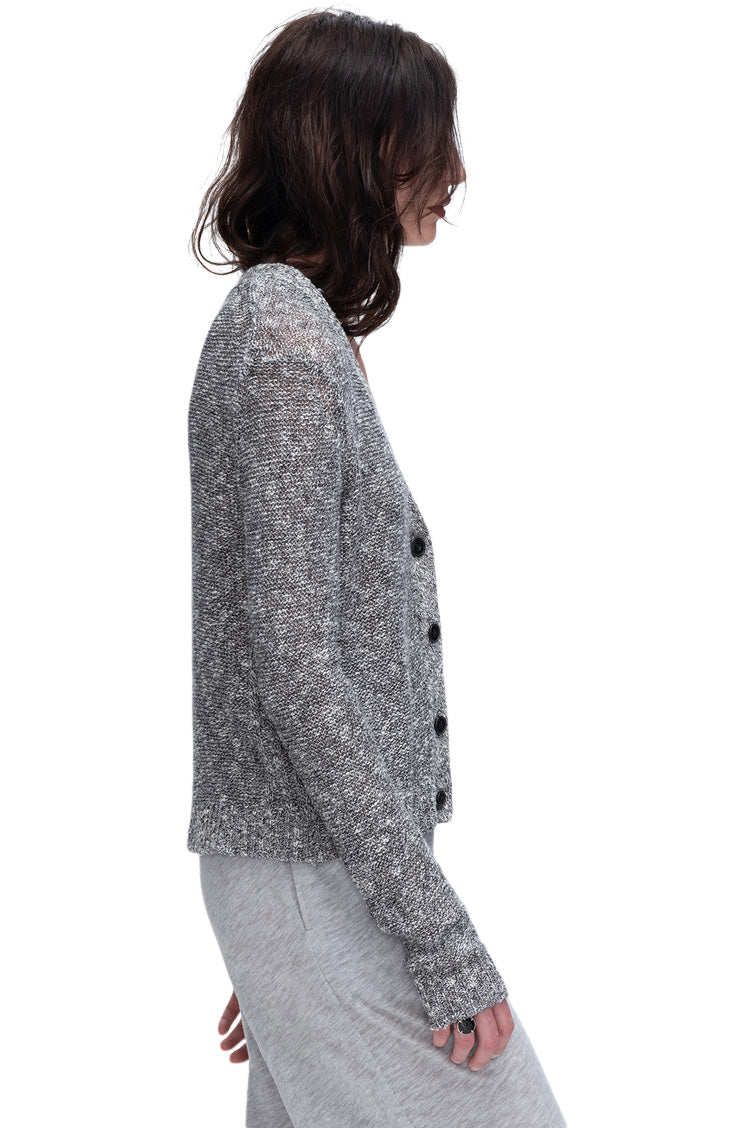 ATM Cotton Blend Rib Detail Cardigan in Black Marl