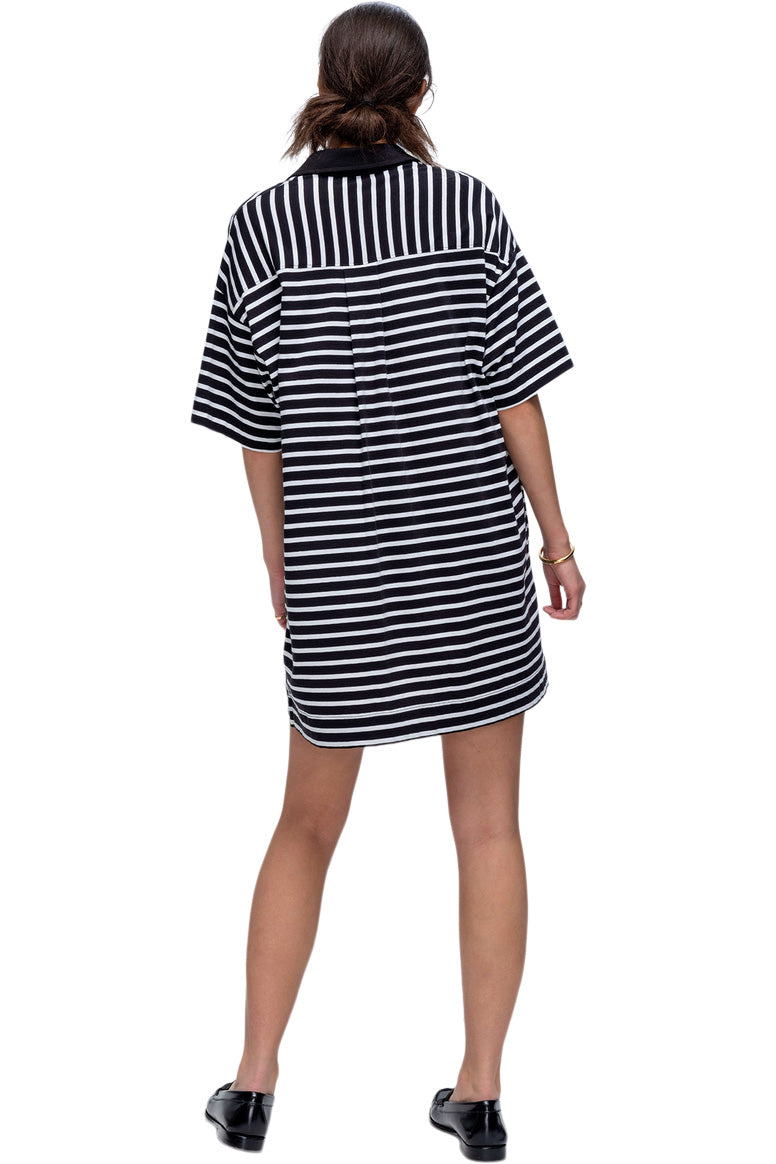ATM Stripe Classic Jersey Short Sleeve Polo Dress in Black White