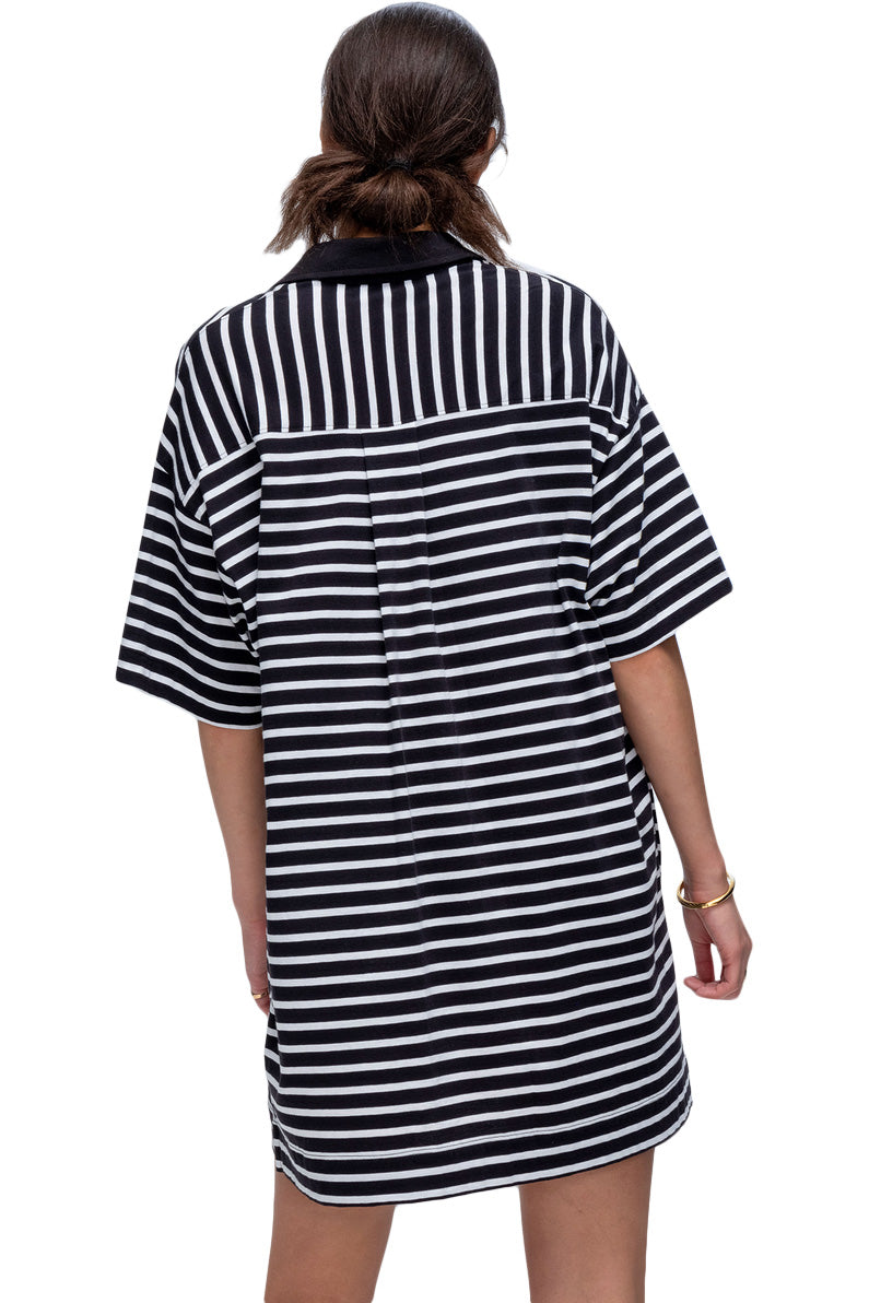 ATM Stripe Classic Jersey Short Sleeve Polo Dress in Black White