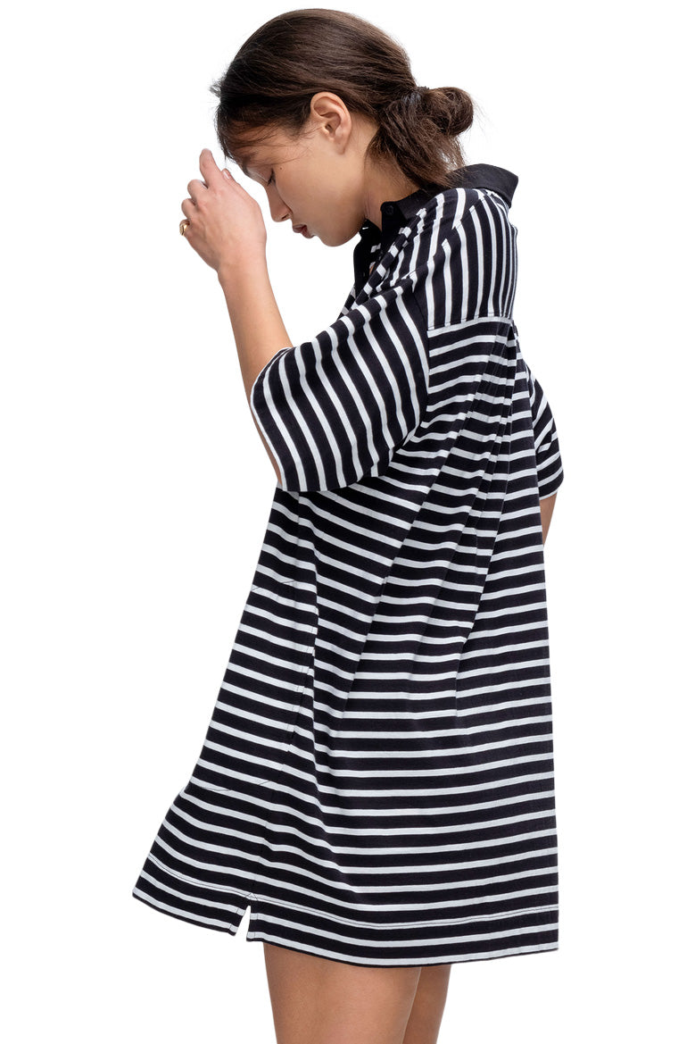 ATM Stripe Classic Jersey Short Sleeve Polo Dress in Black White