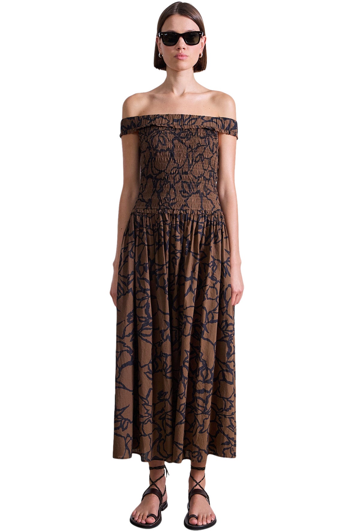 Apiece Apart Britt Off Shoulder Dress in Large Lace Floral Chocolate