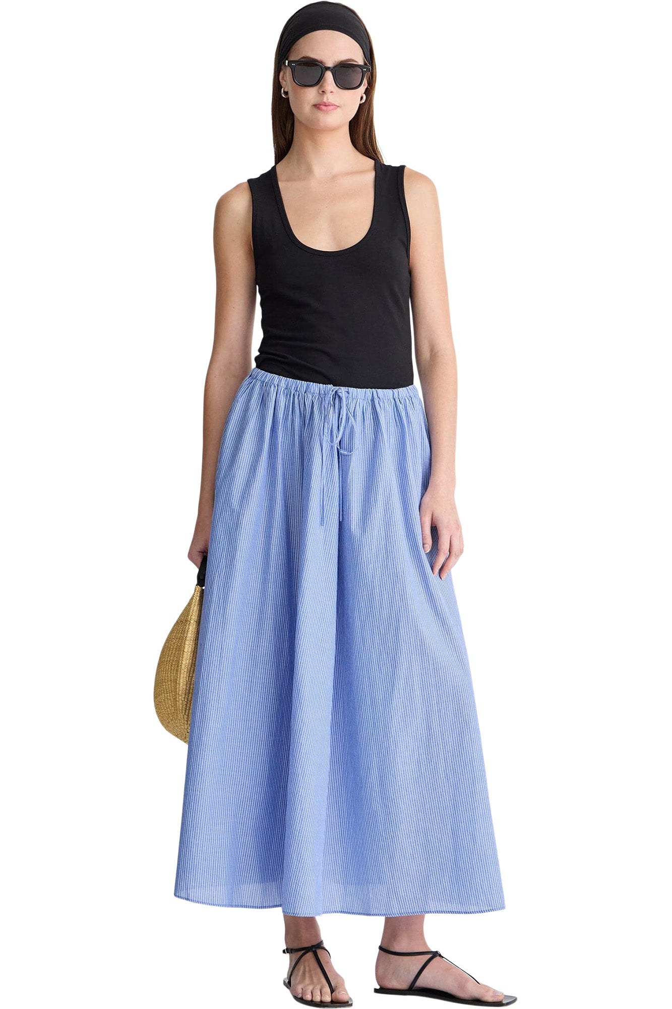 Apiece Apart Hanne Tie Maxi Skirt in Microstripe Blue & Cream