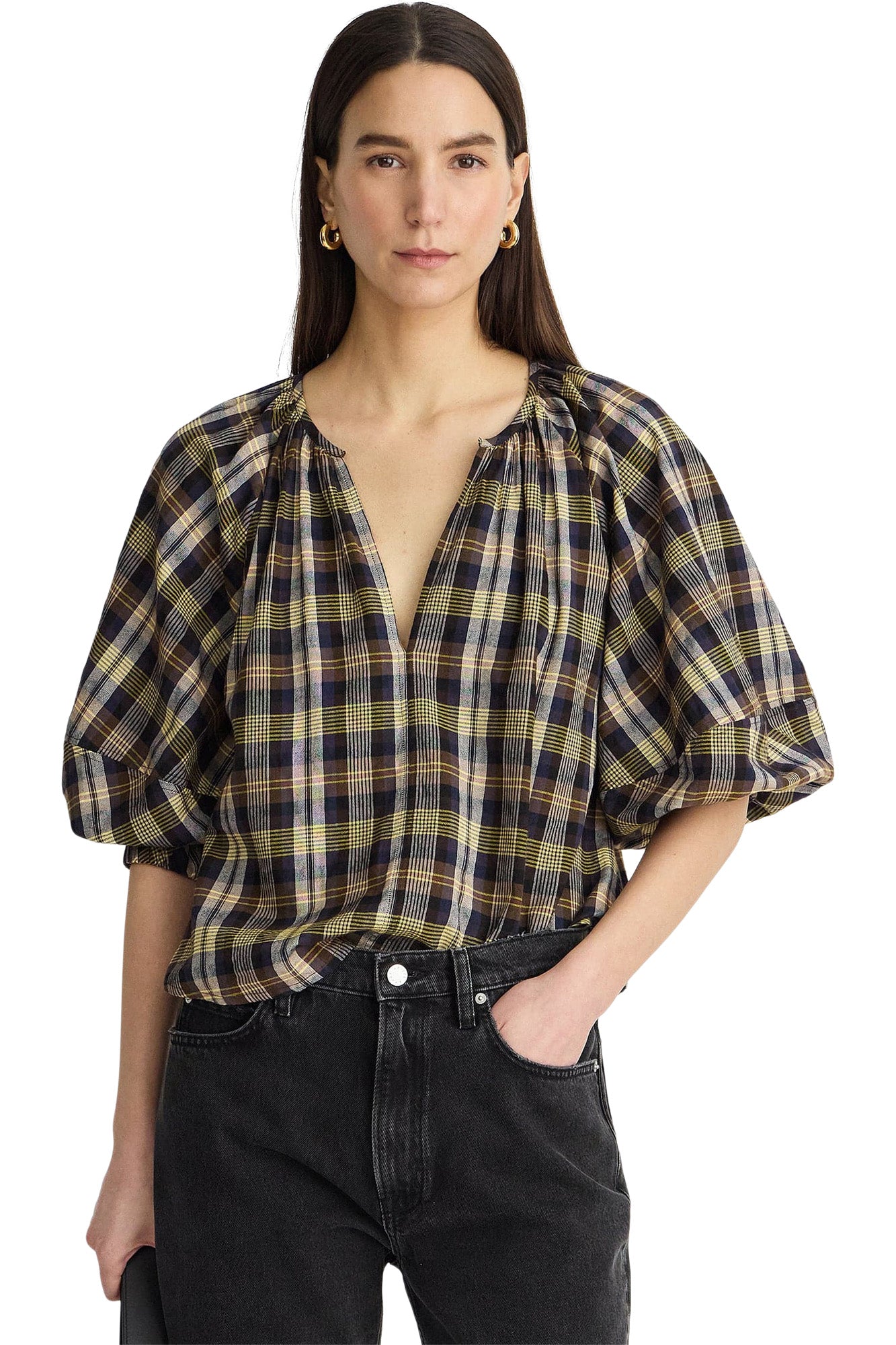 Apiece Apart Nele Lantern Sleeve Top in Basket Weave Plaid