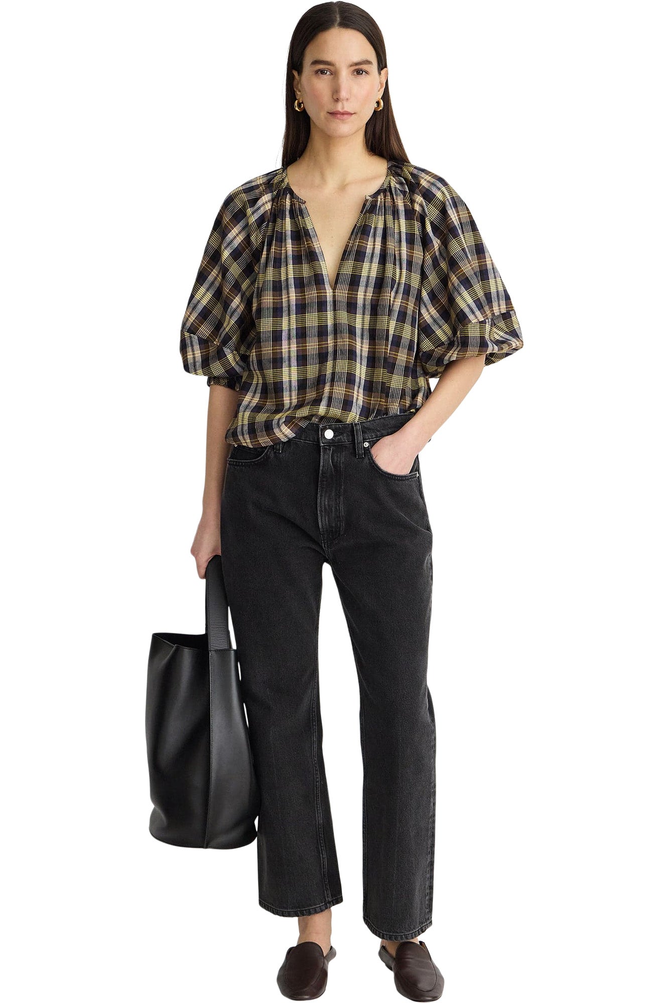 Apiece Apart Nele Lantern Sleeve Top in Basket Weave Plaid