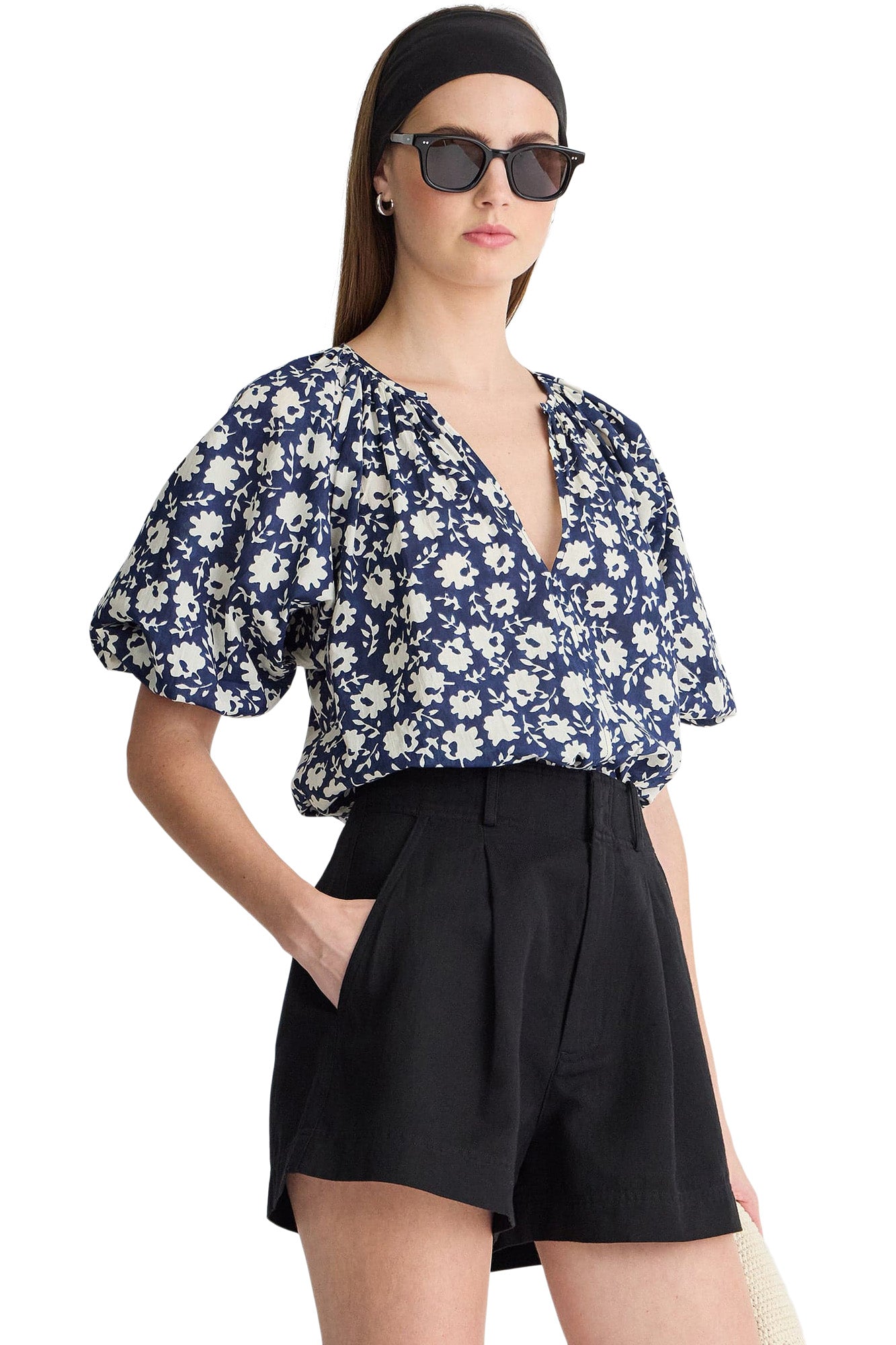 Apiece Apart Nele Lantern Sleeve Top in Navy Floral Stamp