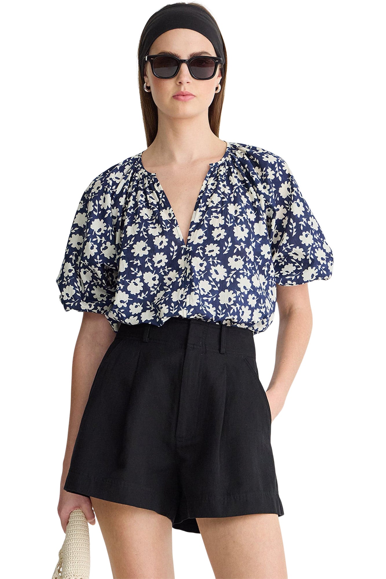 Apiece Apart Nele Lantern Sleeve Top in Navy Floral Stamp
