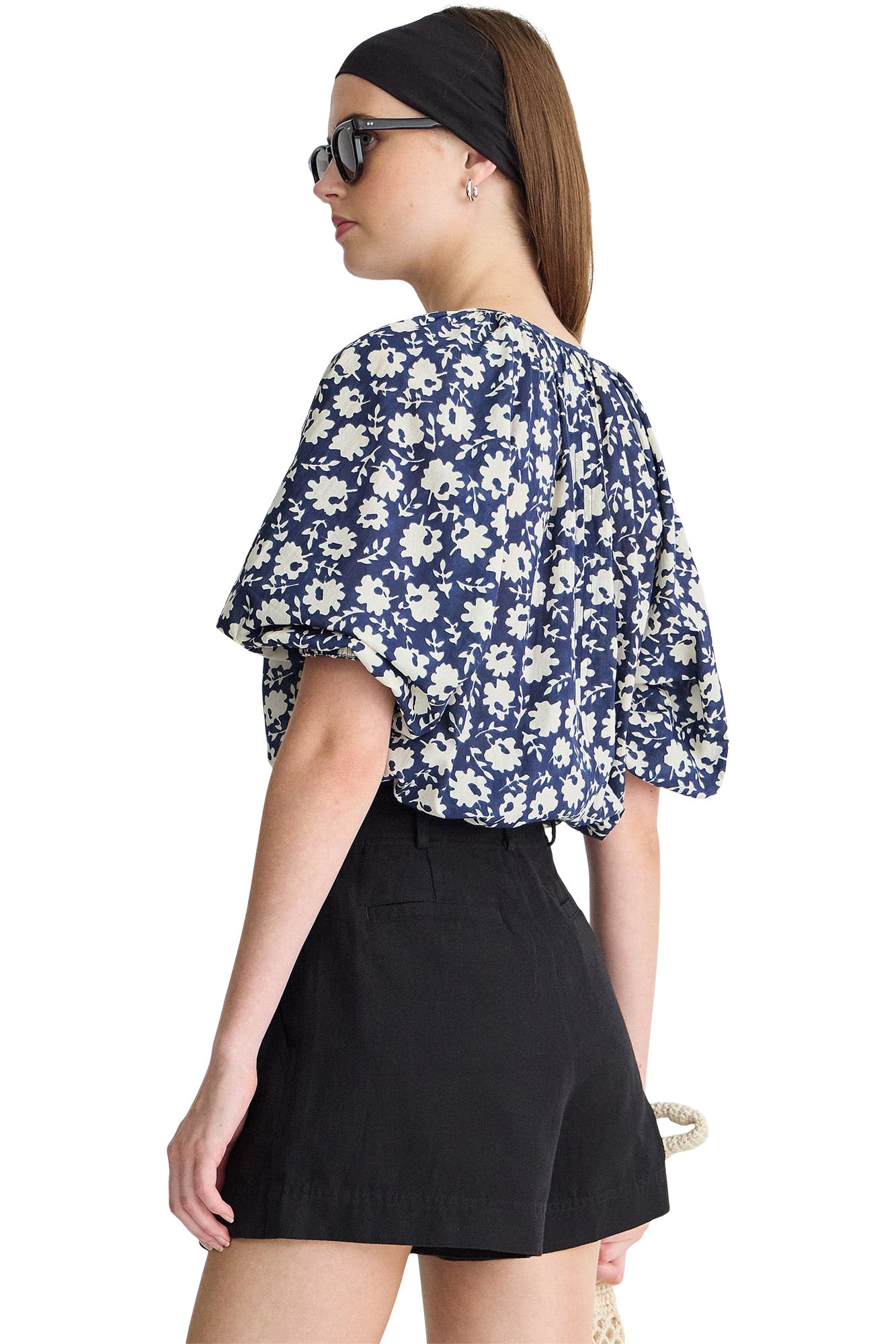 Apiece Apart Nele Lantern Sleeve Top in Navy Floral Stamp
