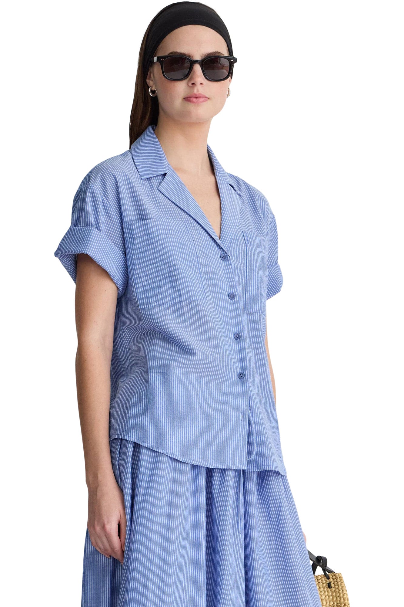 Apiece Apart Valenti Button Up in Microstripe Blue & Cream
