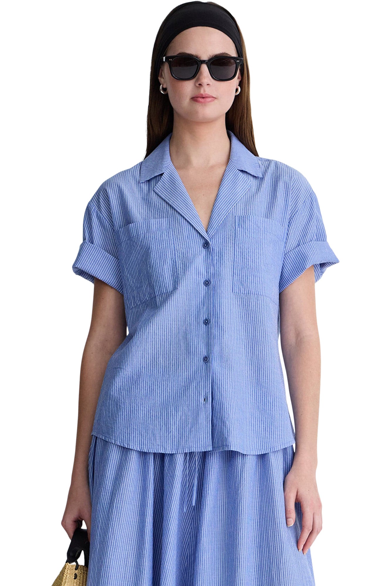 Apiece Apart Valenti Button Up in Microstripe Blue & Cream