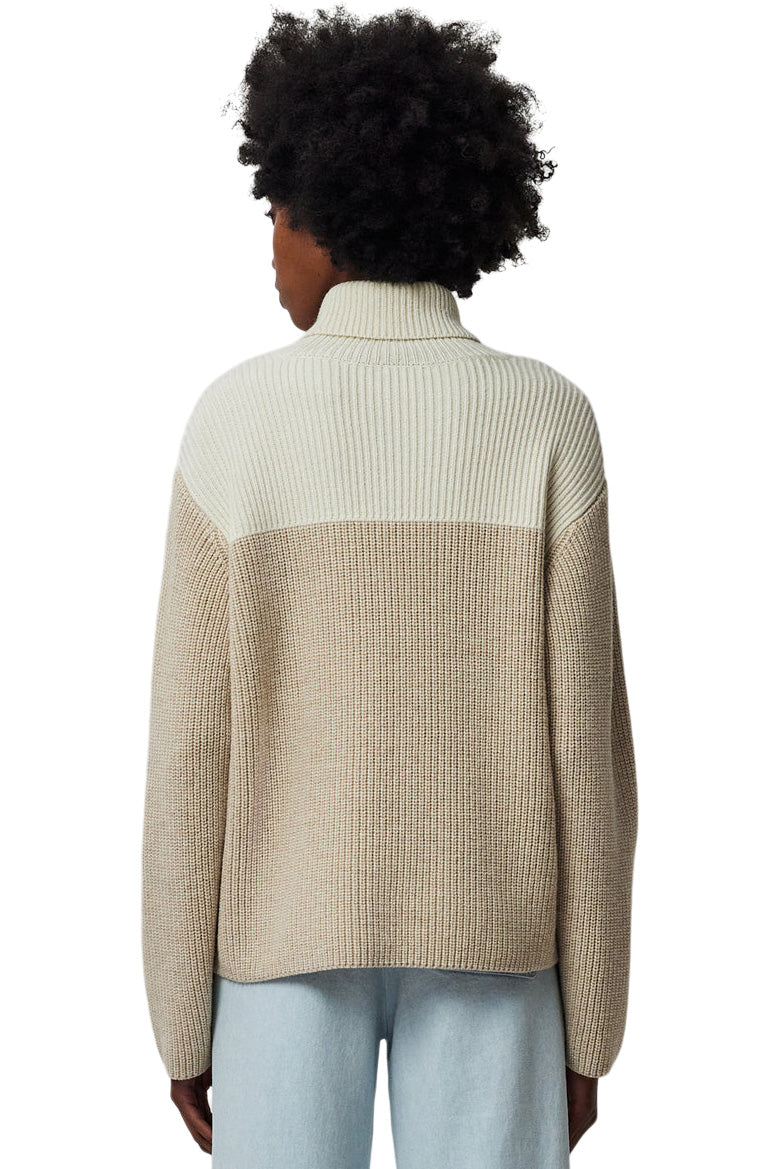 ATM Wool Blend Colorblock Turtleneck Sweater in Beige Combo