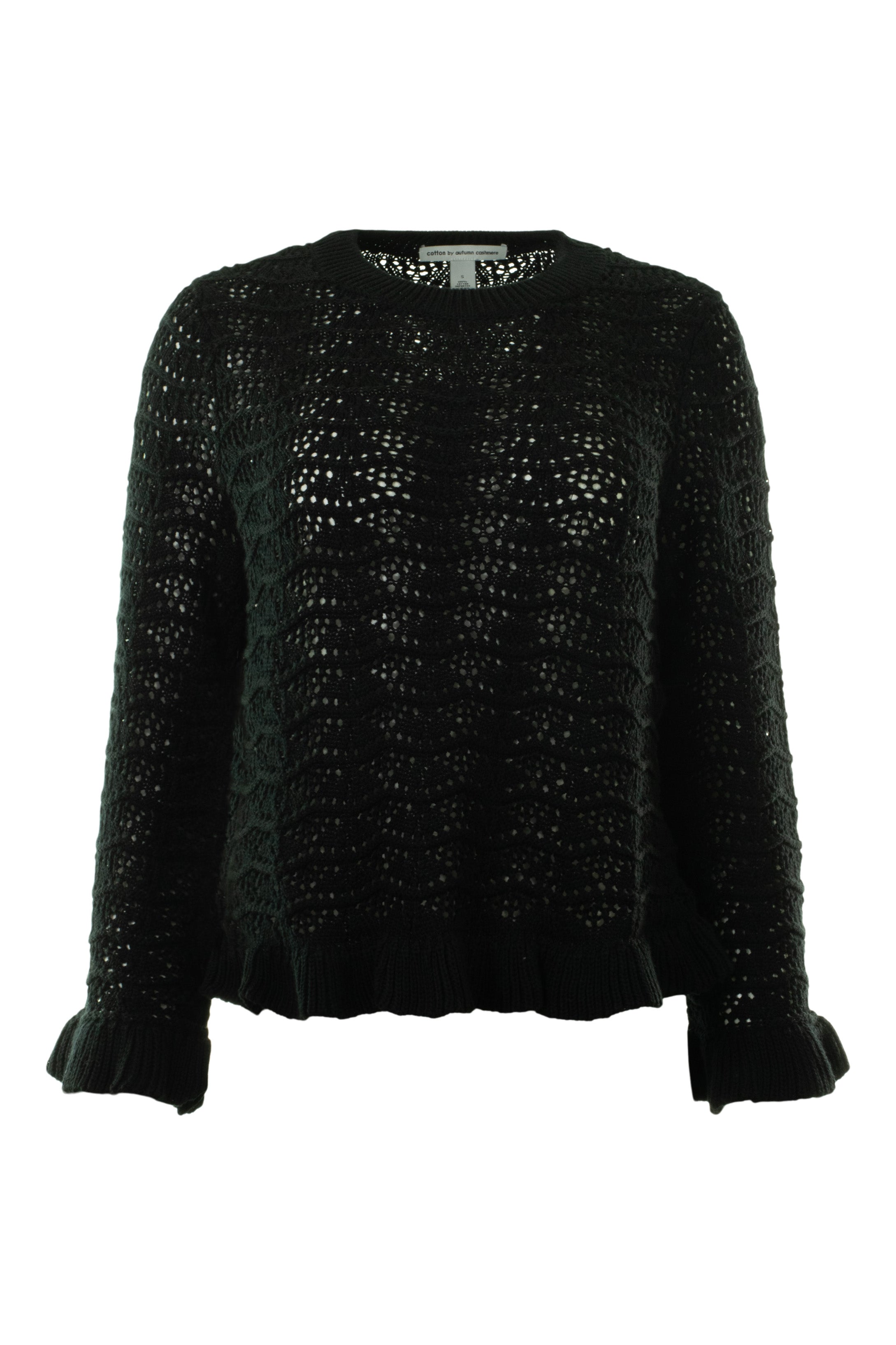 Autumn Cashmere Pointelle Ruffle Edge Crewneck Sweater in Black