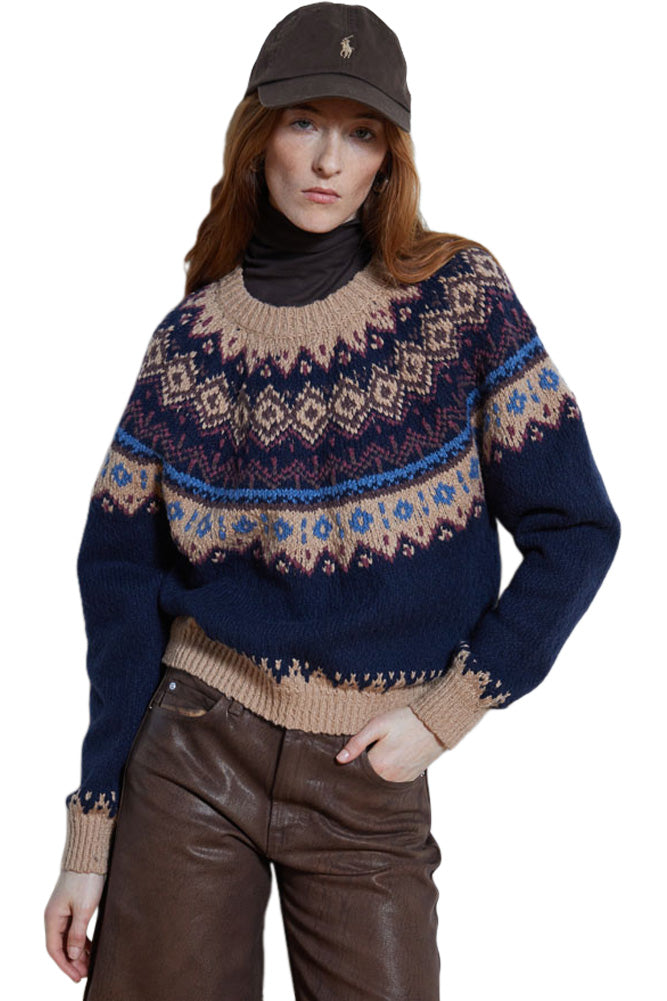 Autumn Cashmere Chunky Fair Isle Crewneck in Navy Combo