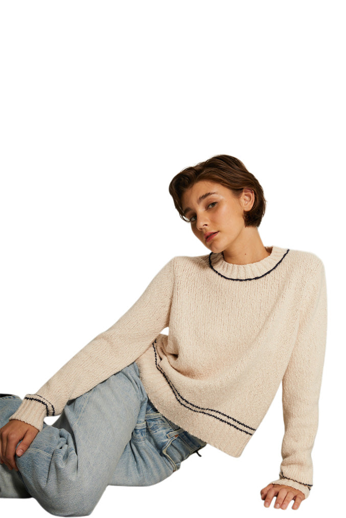 Autumn Cashmere Crewneck Sweater with Double Stripe Detail in Sand-Navy