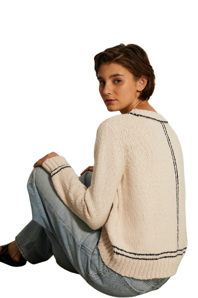 Autumn Cashmere Crewneck Sweater with Double Stripe Detail in Sand-Navy