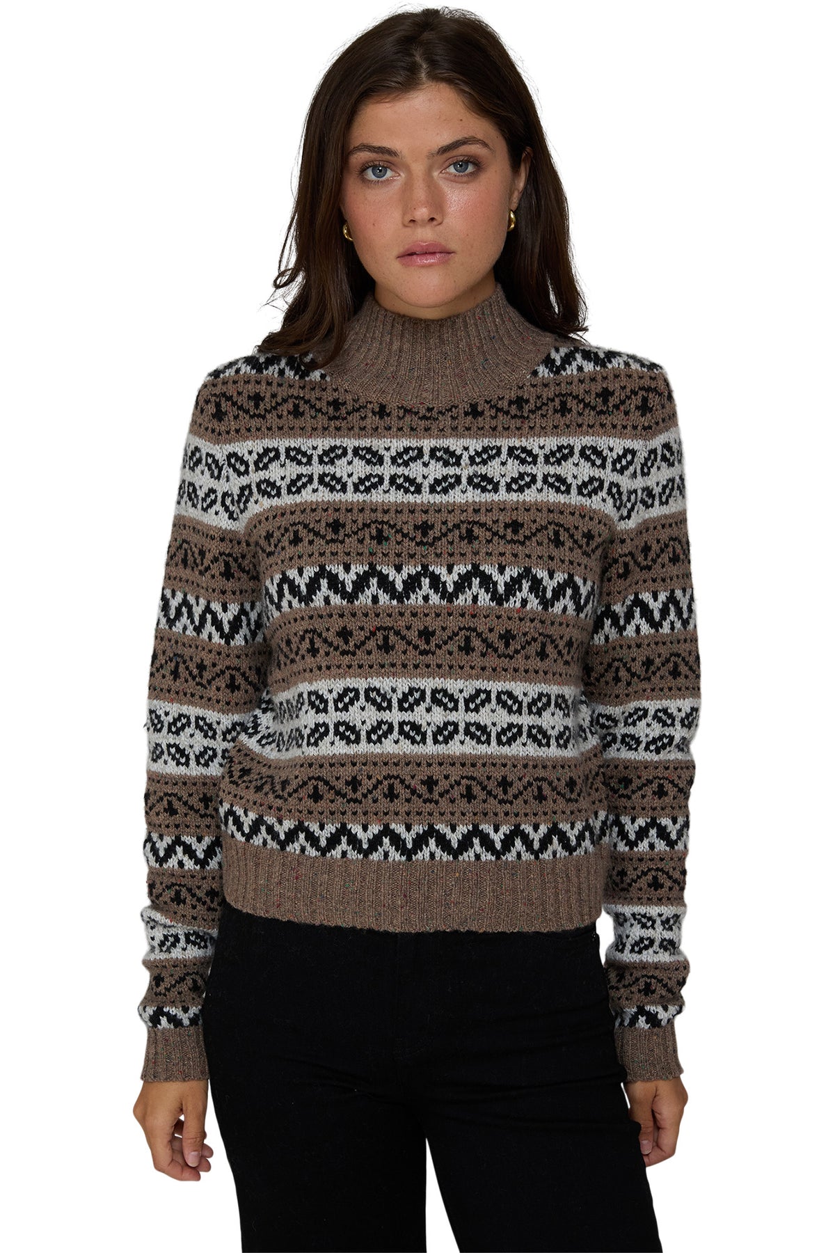 Autumn Cashmere Cropped Chunky Fair Isle Mock in Brownie Combo