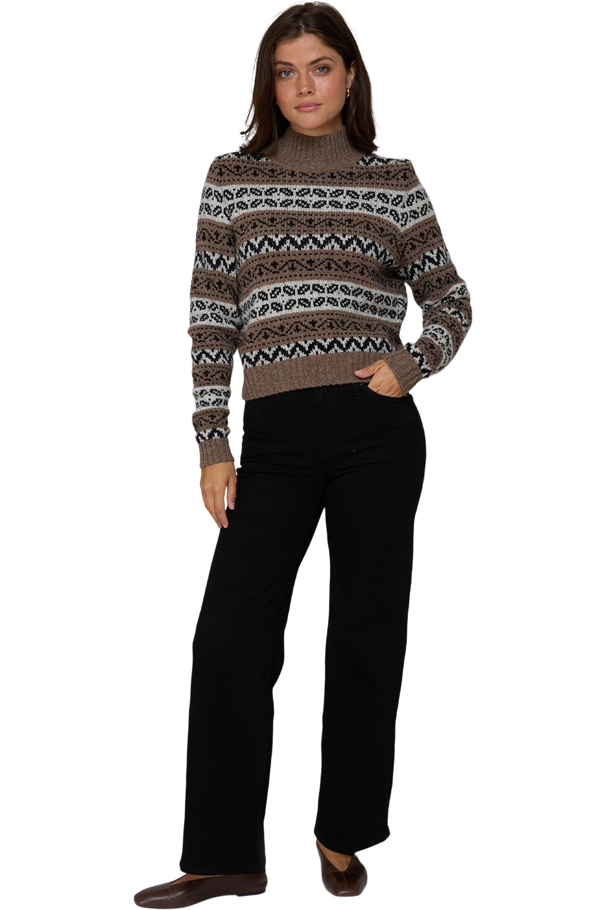 Autumn Cashmere Cropped Chunky Fair Isle Mock in Brownie Combo