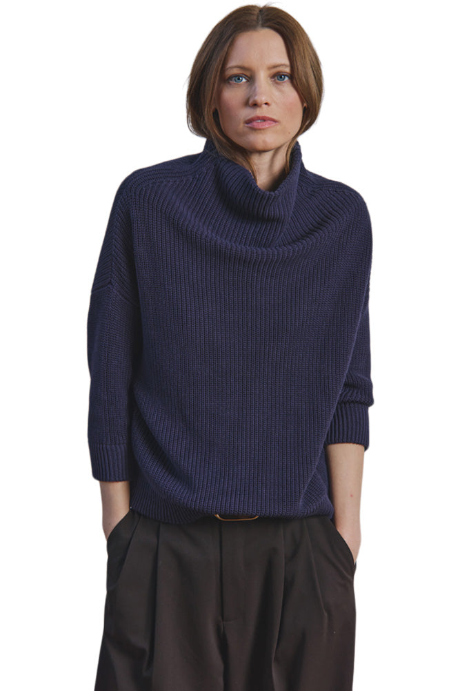 Autumn Cashmere Half Cardigan Stitch Funnel Neck Sweater in Navy Blue