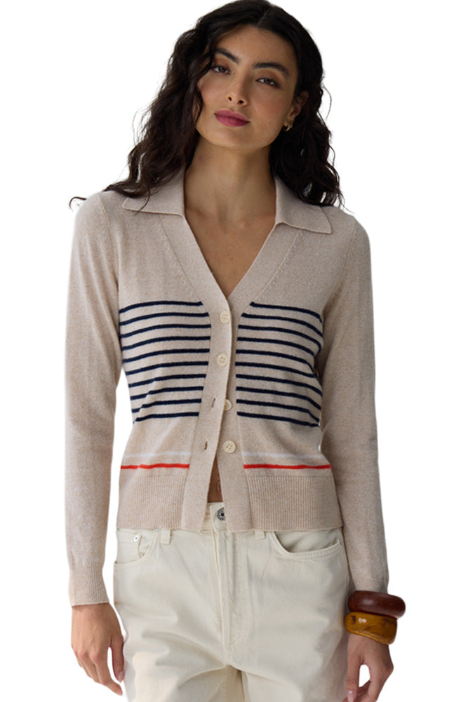 Autumn Cashmere Placement Stripe Jonny Collar Cardigan in Basket Combo