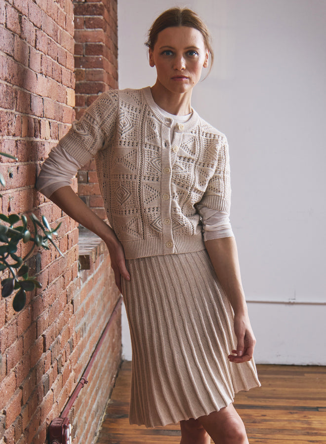 Autumn Cashmere Short Sleeve Tile Stitch Cardigan in Natural