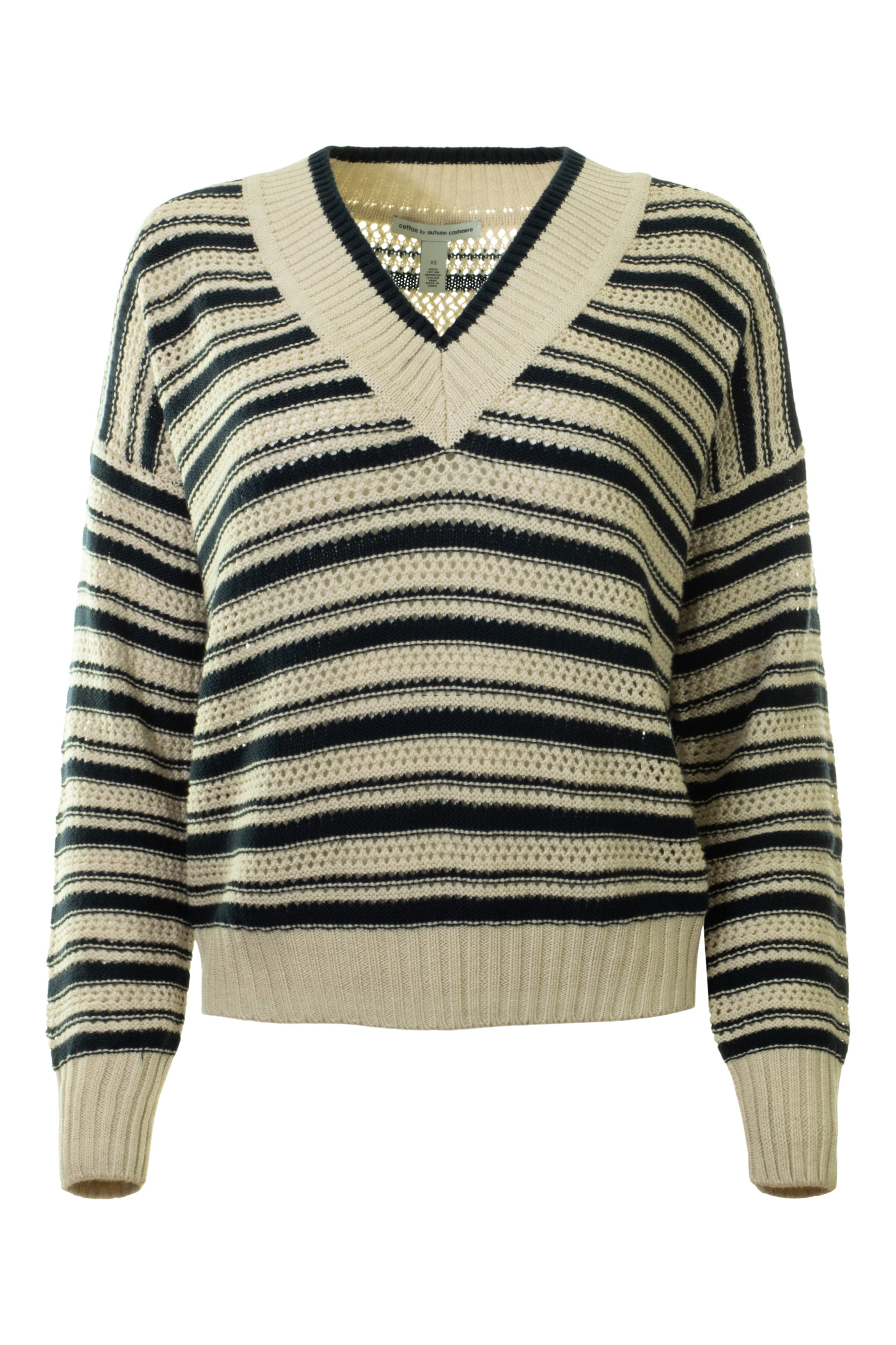 Autumn Cashmere Stripe Mesh V-neck Sweater in Natural - Navy Blue
