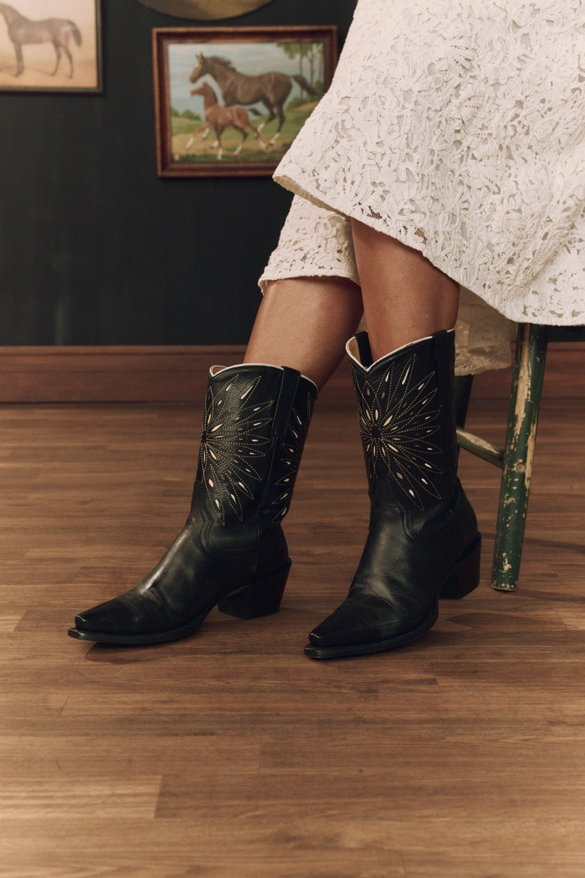 The Great x Stetson The Southwest Cowboy Boot In Black with Gold Sunburst