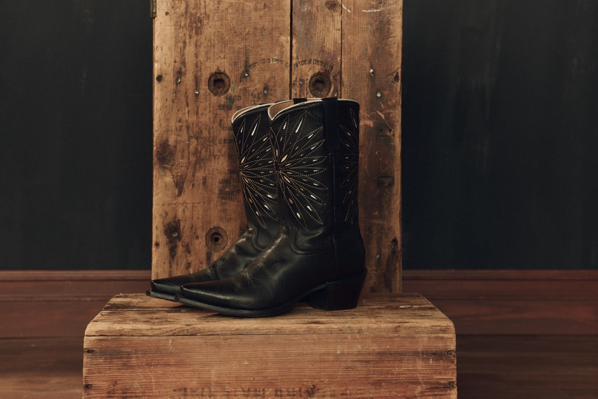The Great x Stetson The Southwest Cowboy Boot In Black with Gold Sunburst