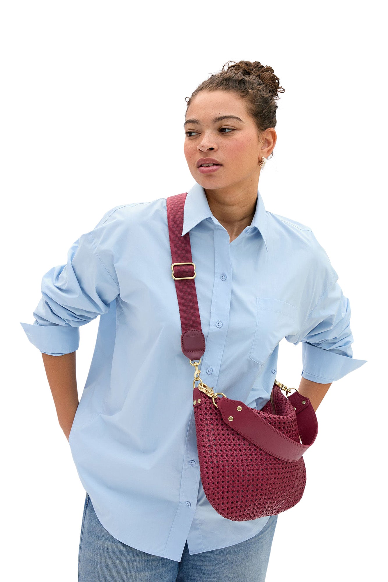 Clare V. Adjustable Crossbody Strap in Plummy Checkered