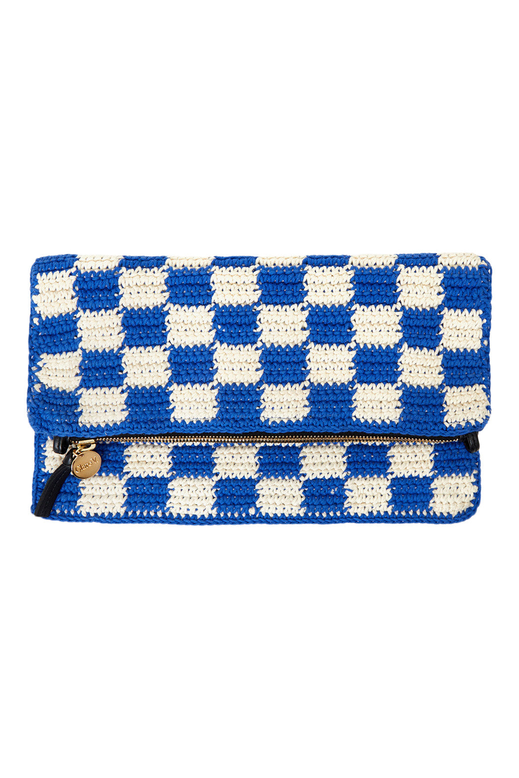 Clare V. Foldover Clutch with Tabs in Cobalt & Cream Crochet Checker