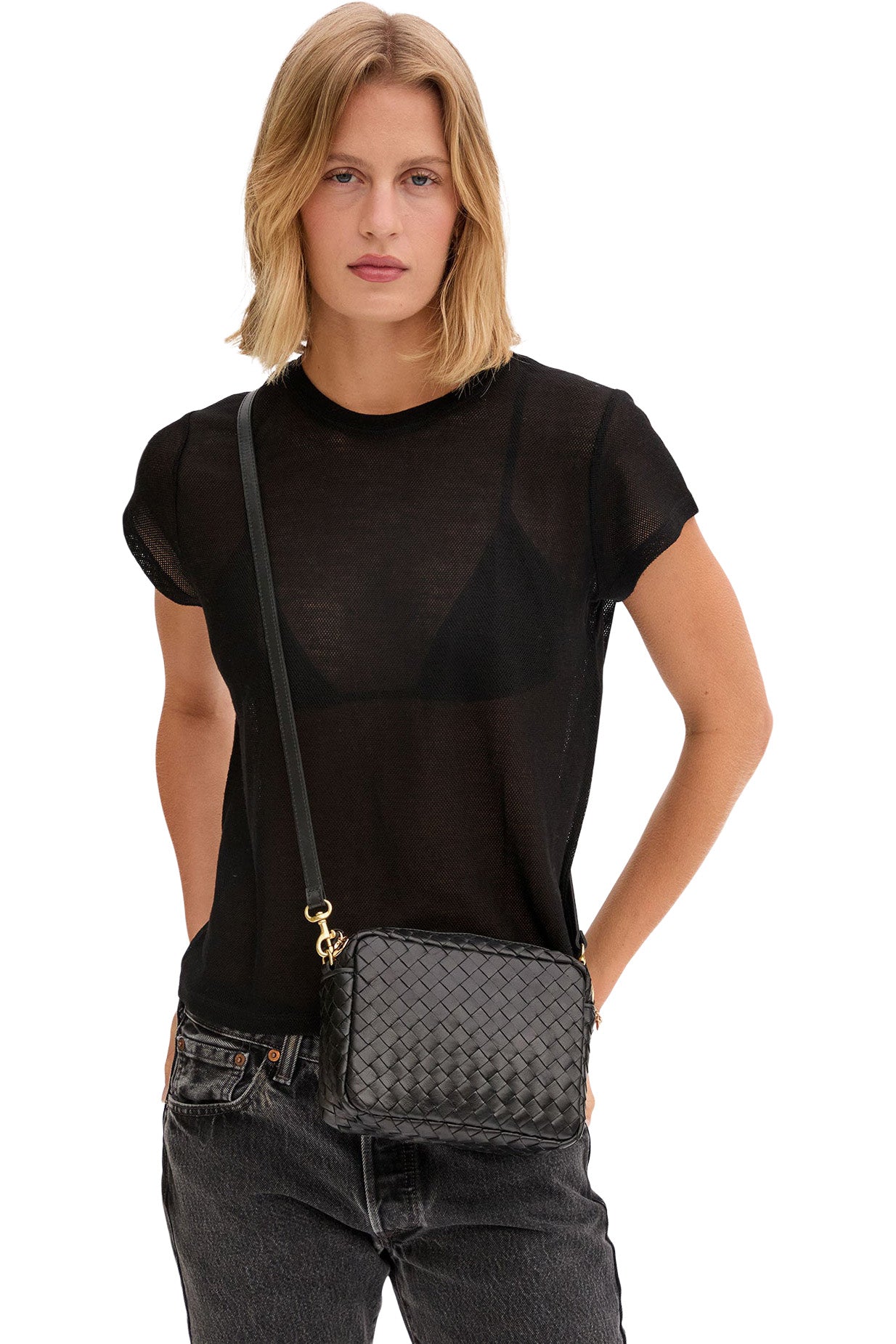 Clare V. Midi Sac in Black Diagonal Woven