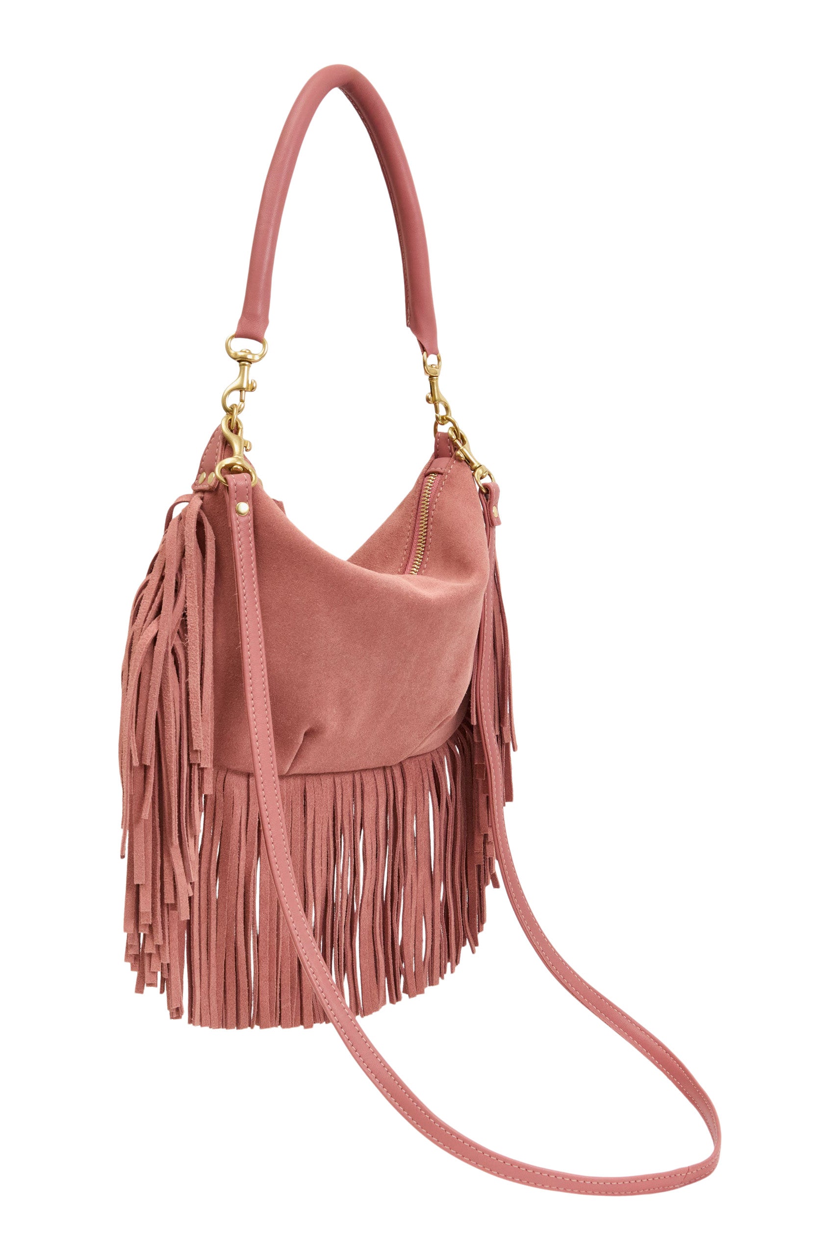 Clare V. Petit Moyen Messenger in Rose Clay Suede Fringe