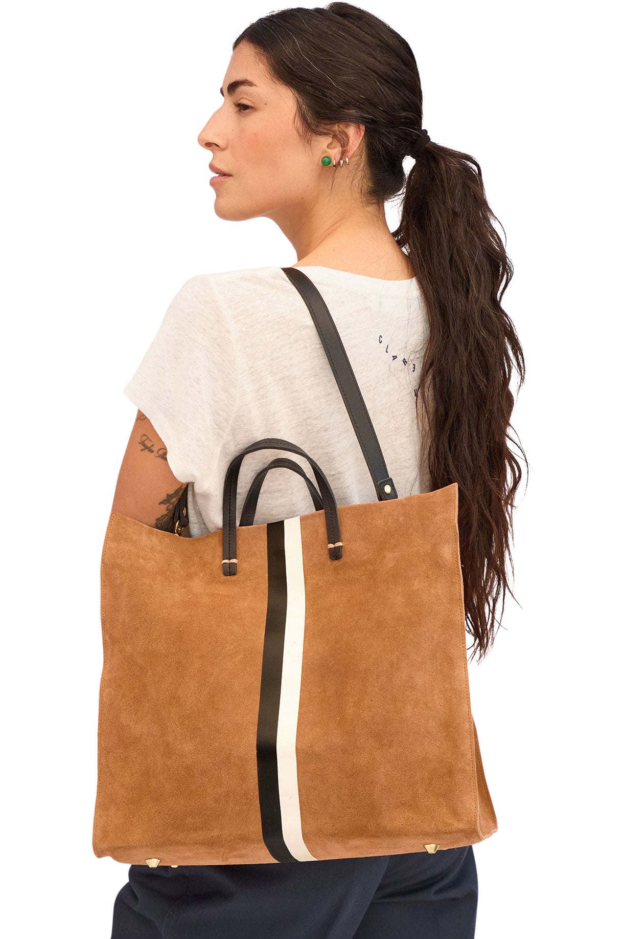 Clare V. Simple Tote in New Camel Suede w/ Black & Cream
Stripe