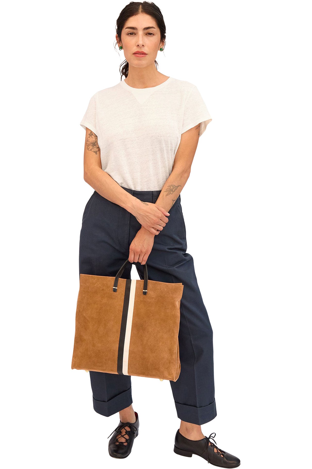 Clare V. Simple Tote in New Camel Suede w/ Black & Cream
Stripe