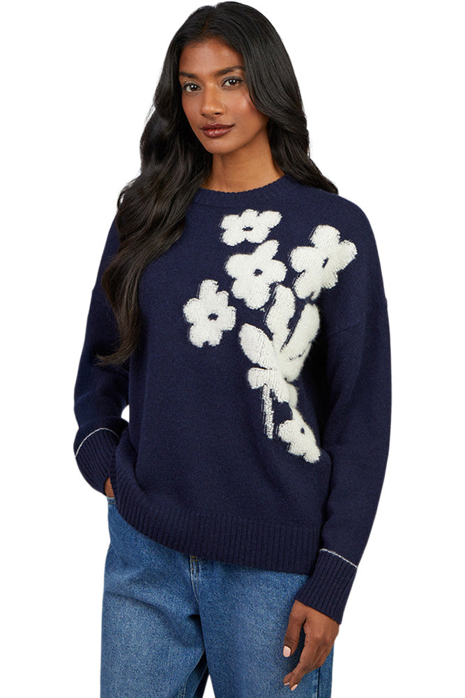 Cocoa Cashmere Ayleen Flower Crewneck Sweater in Heritage Navy