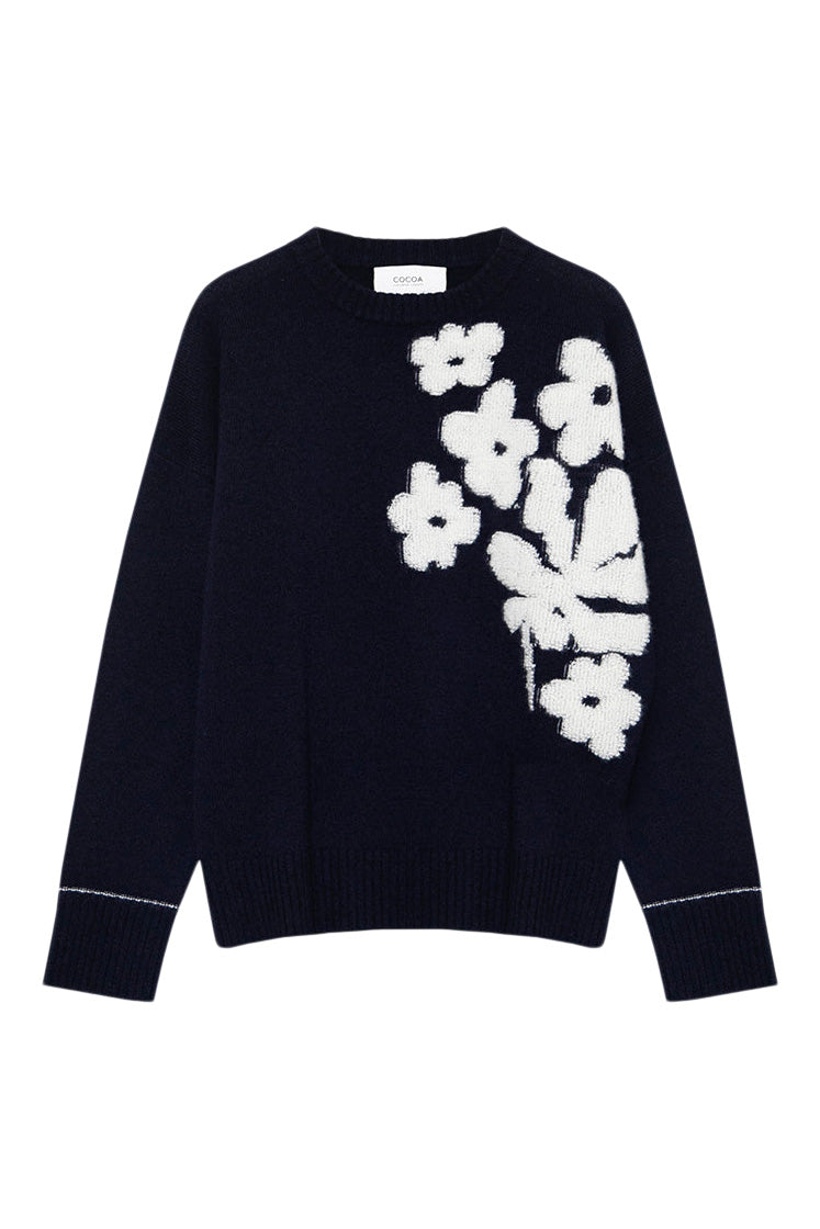 Cocoa Cashmere Ayleen Flower Crewneck Sweater in Heritage Navy