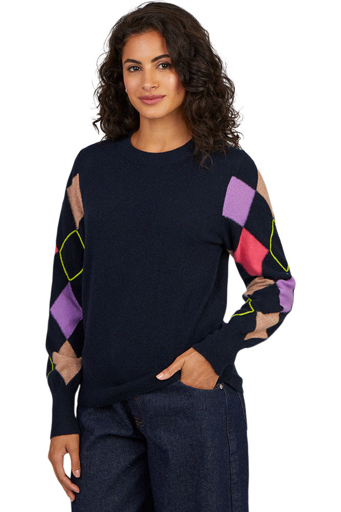 Cocoa Cashmere Elia Argyle Detail Crewneck Sweater in Cosmos