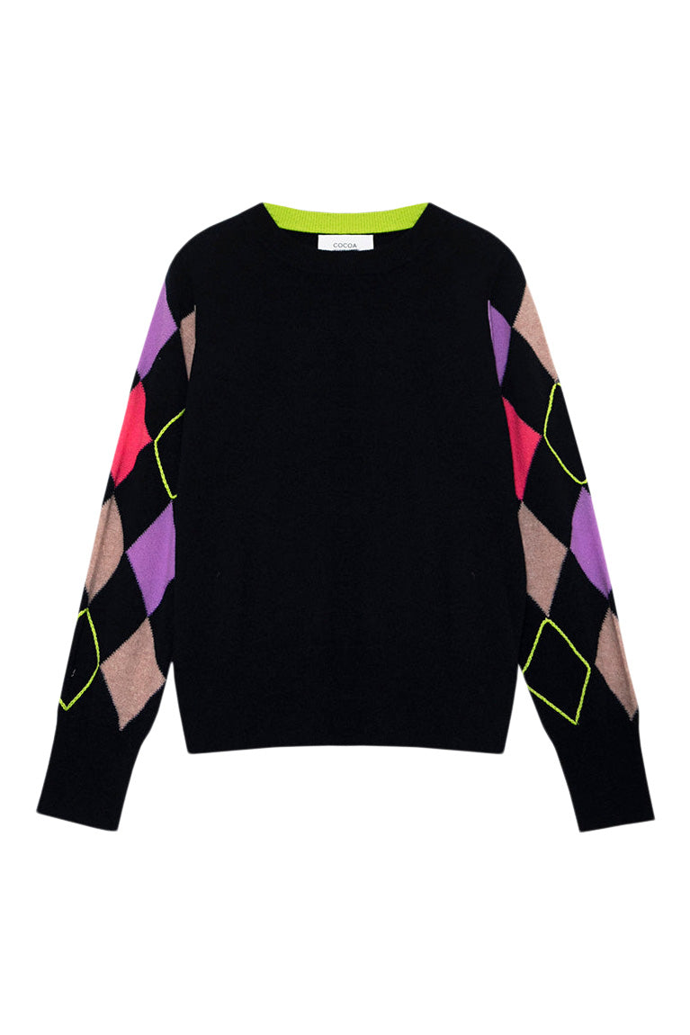 Cocoa Cashmere Elia Argyle Detail Crewneck Sweater in Cosmos