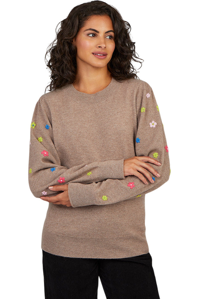 Cocoa Cashmere Quinn Flower Sweater in Natural Brown