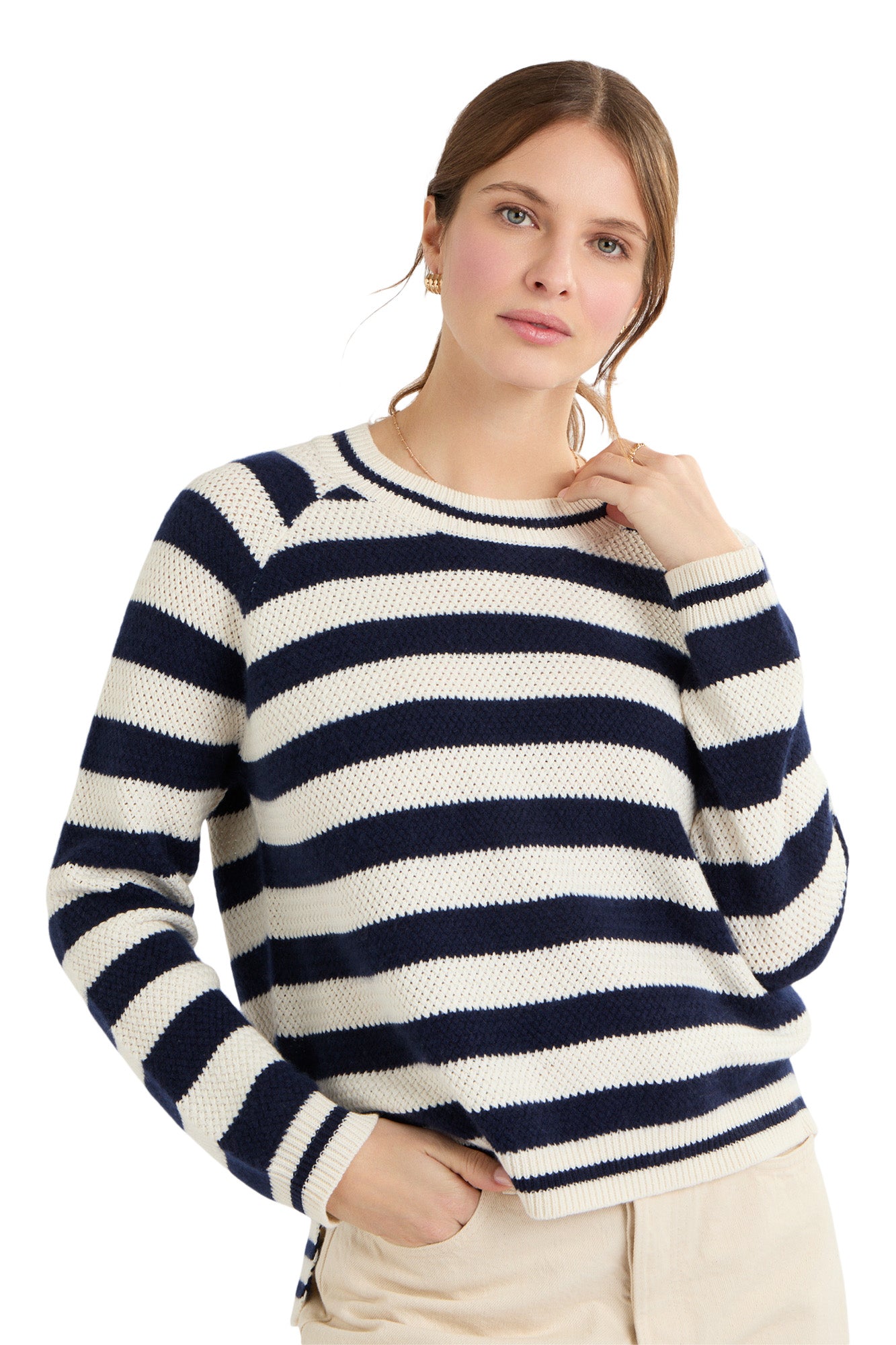 Cocoa Cashmere Dora Sweater in Cream-Navy