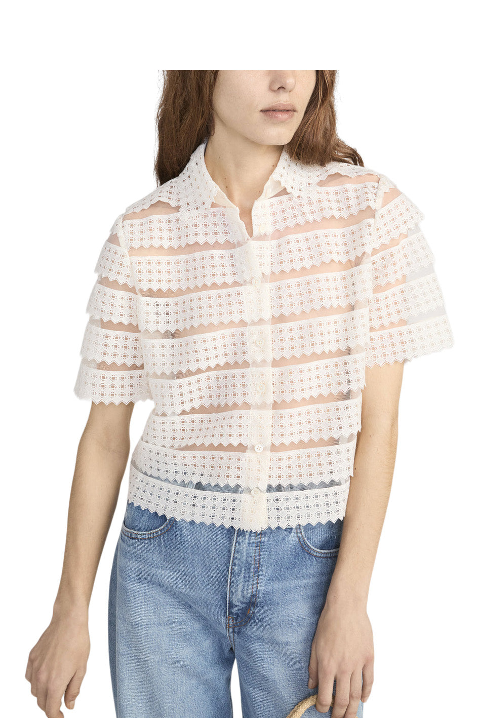 Frame Denim Lattice Crochet Blouse in Cream
