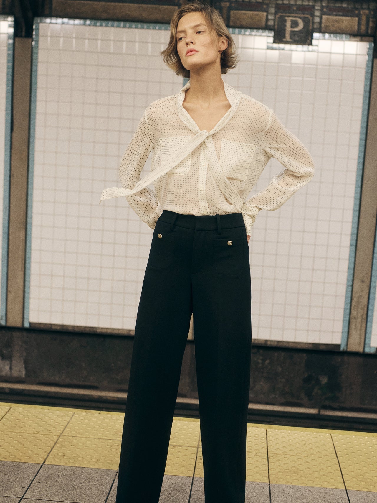 Frame Denim Polka Dot Modern Tie Blouse in Ecru Multi