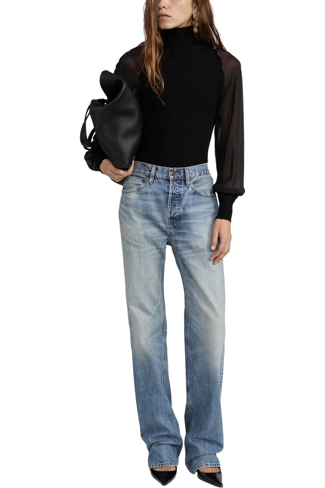 Frame Denim Sheer Sleeve Top in Black