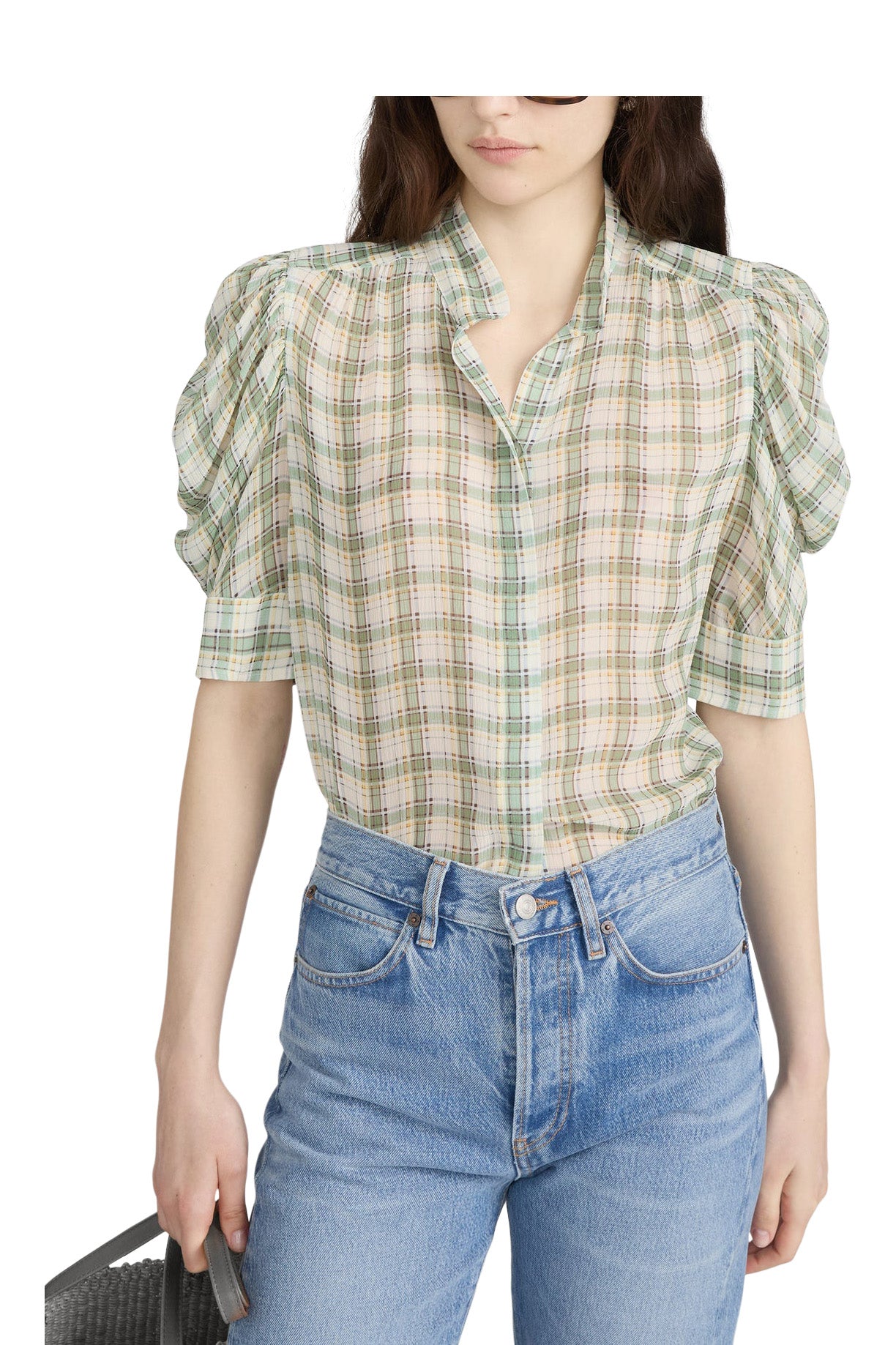 Frame Denim Gillian Top in Jade Green Plaid