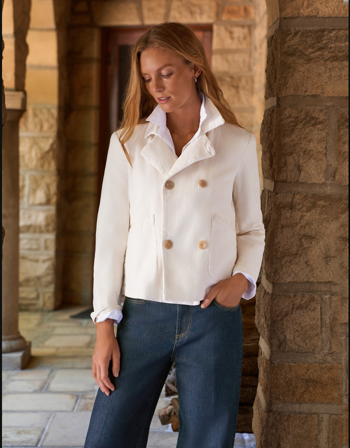 Frank & Eileen Cropped English Peacoat in Vintage White Corduroy