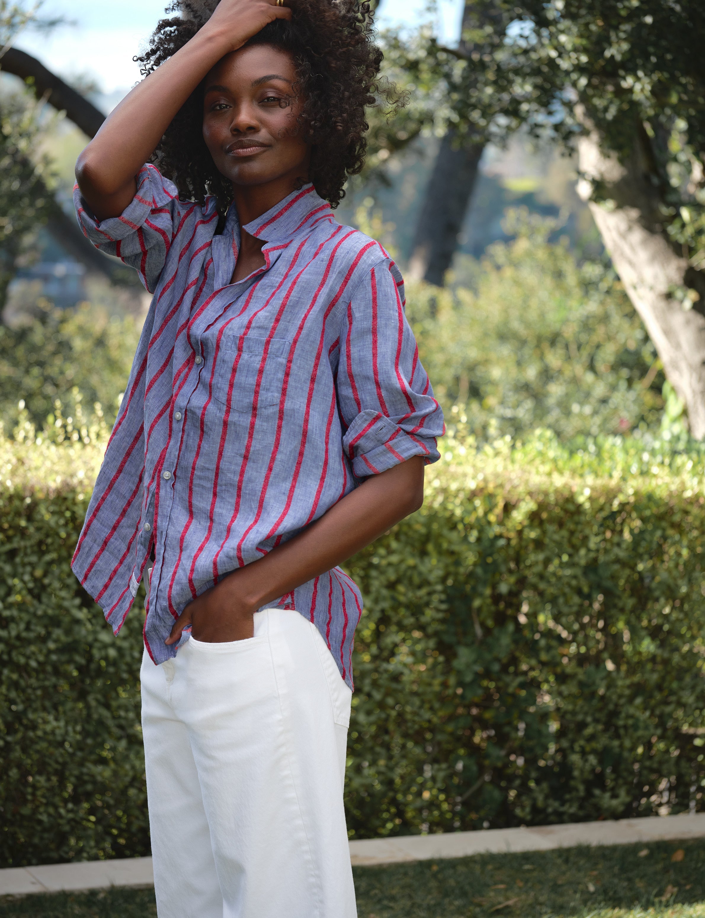 Frank & Eileen Eileen Relaxed Button Up Shirt in Blue Red Textured Stripe