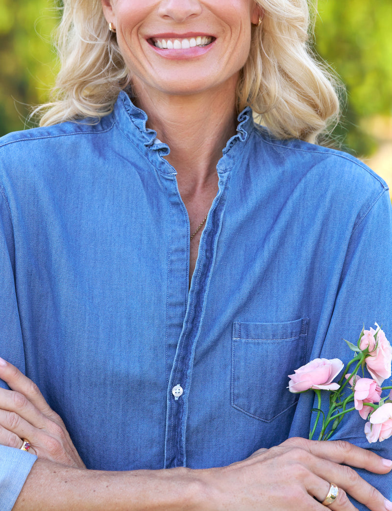 Frank & Eileen Eileen Ruffle Relaxed Button Up Shirt in Vintage Indigo