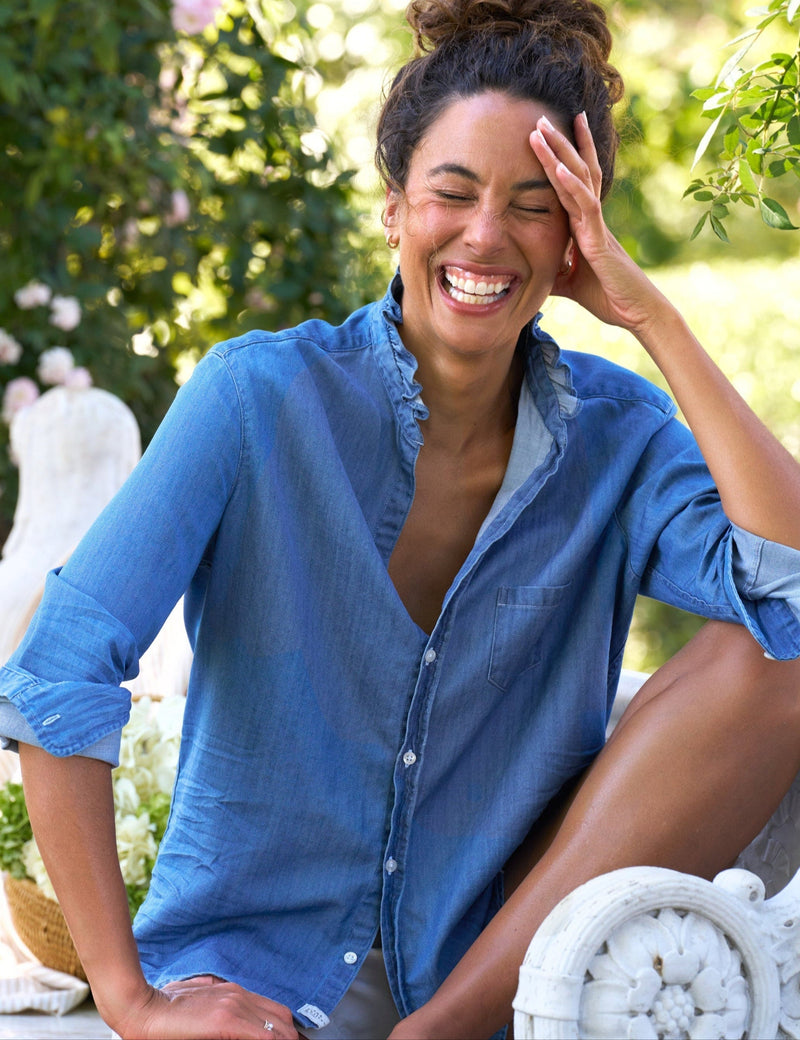 Frank & Eileen Eileen Ruffle Relaxed Button Up Shirt in Vintage Indigo