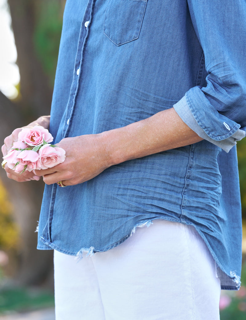 Frank & Eileen Eileen Ruffle Relaxed Button Up Shirt in Vintage Indigo